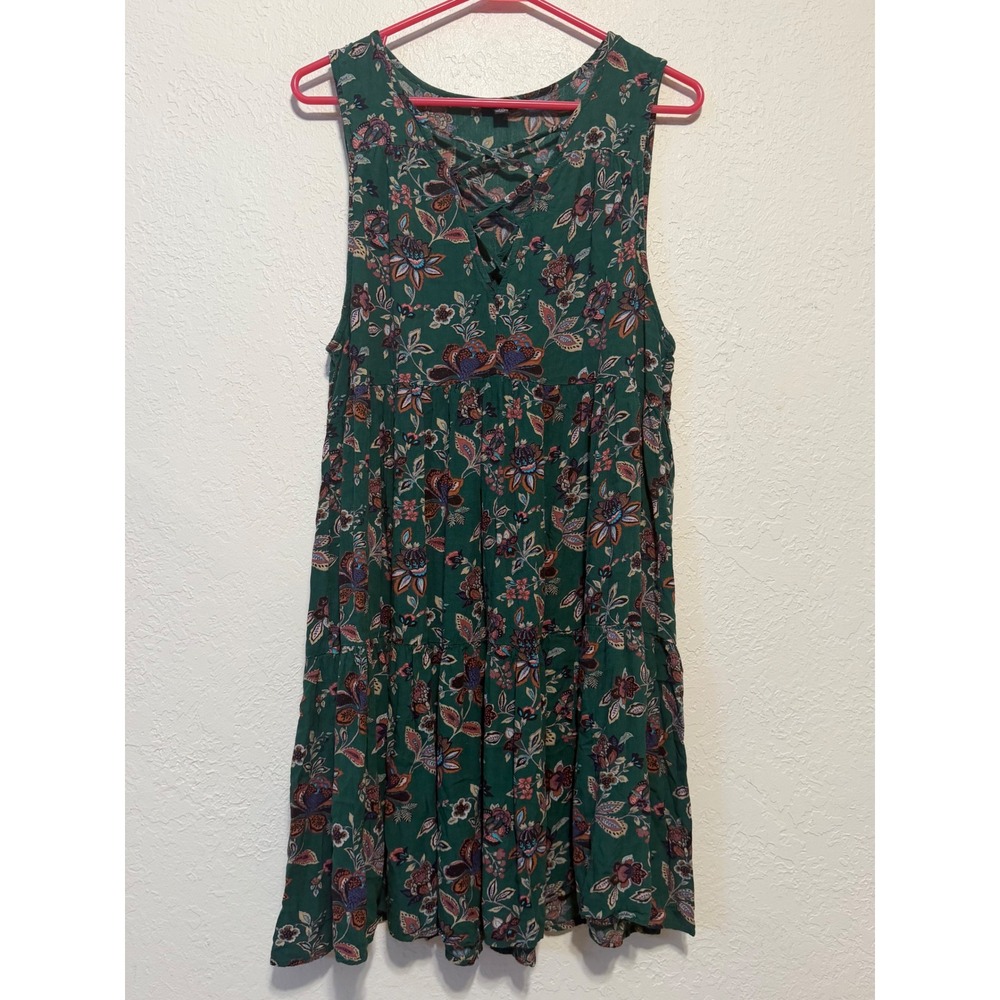 American Eagle Green Floral Lace Up Tiered Babydoll Mini Dress XL Boho Viscose